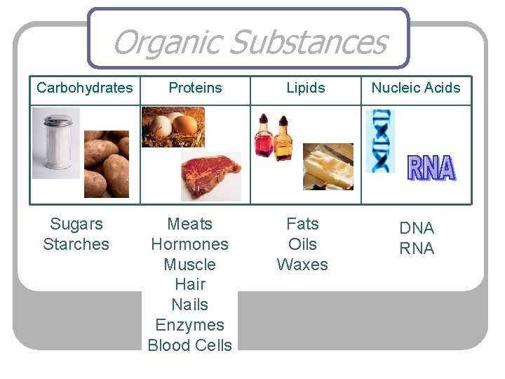 Organic Substances Carbohydrates Sugars Starches Proteins Meats Hormones Muscle Hair Nails Enzymes Blood Cells
