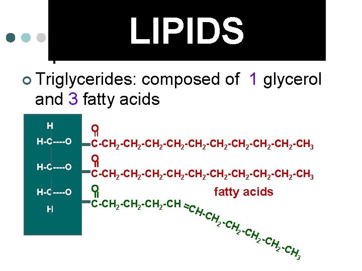LIPIDS ¢ Triglycerides: composed of 1 glycerol and 3 fatty acids H-C----O O C-CH