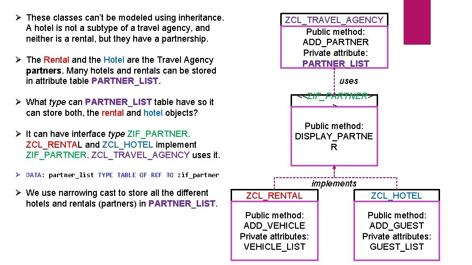 Ø These classes can’t be modeled using inheritance. A hotel is not a subtype