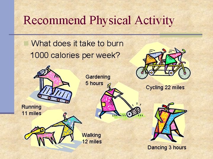 Recommend Physical Activity n What does it take to burn 1000 calories per week?