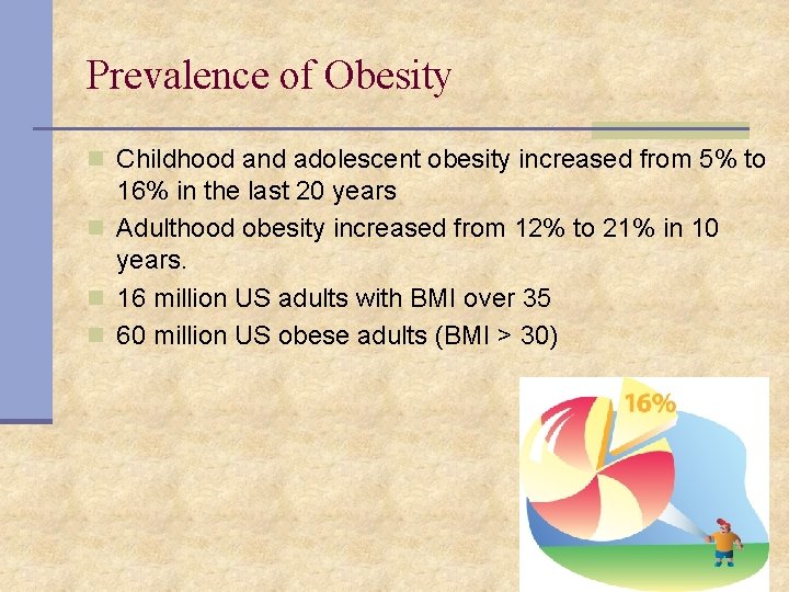 Prevalence of Obesity n Childhood and adolescent obesity increased from 5% to 16% in