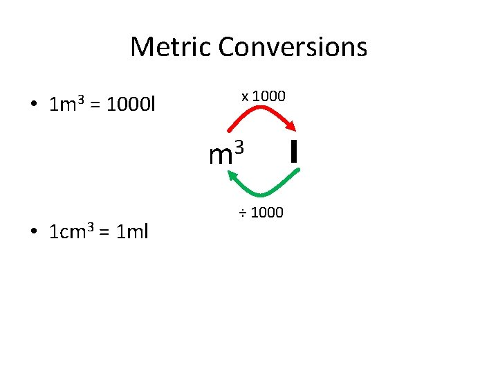 Metric Conversions • 1 m 3 = 1000 l x 1000 3 m •