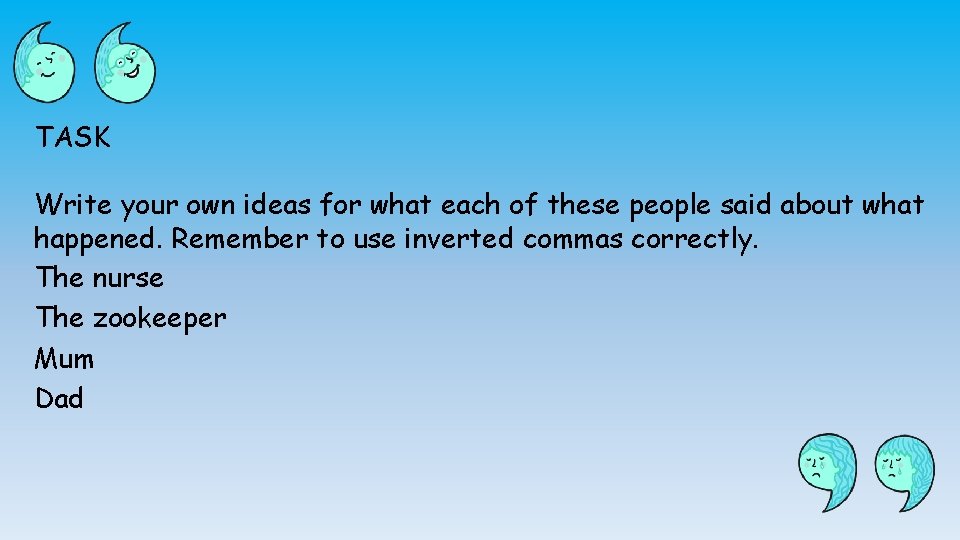 TASK Write your own ideas for what each of these people said about what