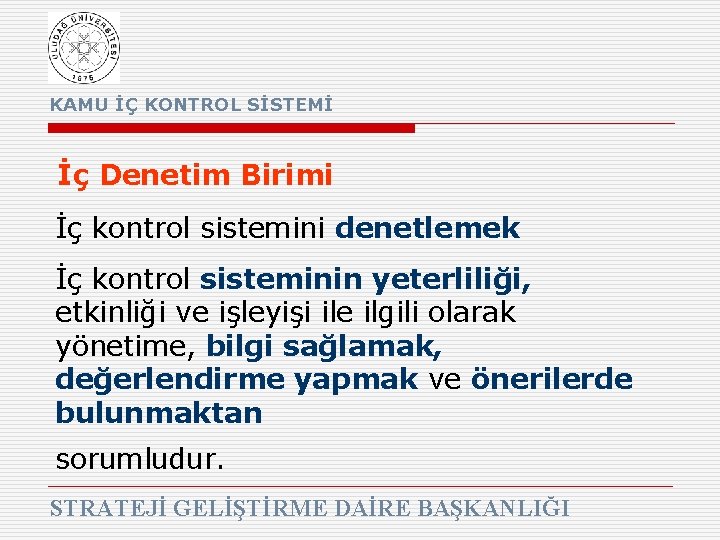 KAMU İÇ KONTROL SİSTEMİ İç Denetim Birimi İç kontrol sistemini denetlemek İç kontrol sisteminin