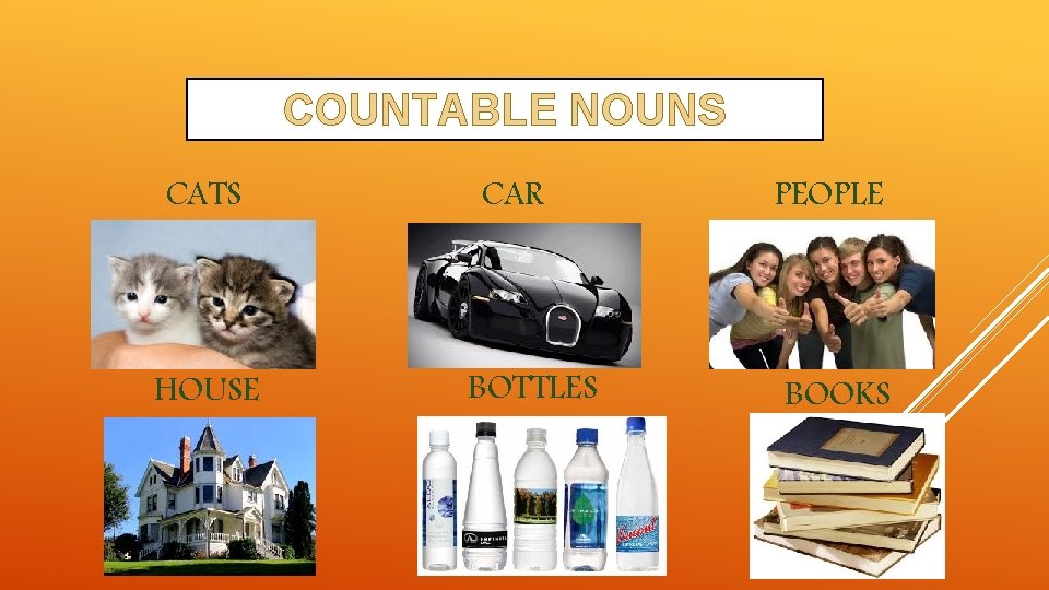COUNTABLE NOUNS CATS HOUSE CAR BOTTLES PEOPLE BOOKS 