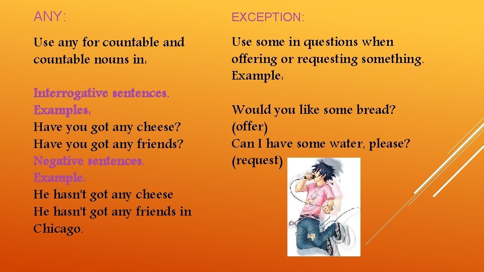 ANY: EXCEPTION: Use any for countable and countable nouns in: Use some in questions