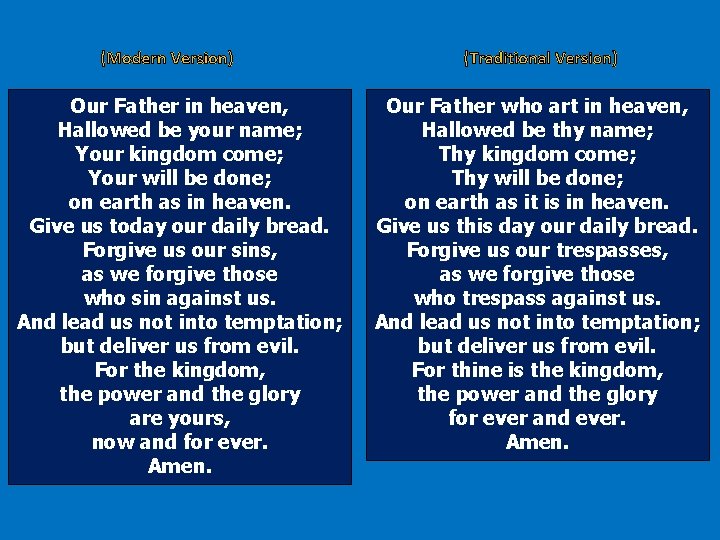 (Modern Version) Our Father in heaven, Hallowed be your name; Your kingdom come; Your
