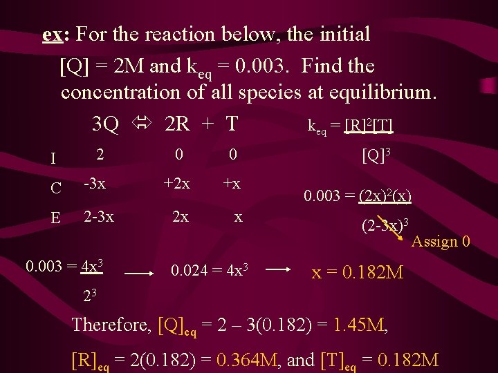 ex: For the reaction below, the initial [Q] = 2 M and keq =
