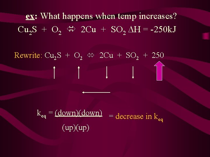 ex: What happens when temp increases? Cu 2 S + O 2 2 Cu