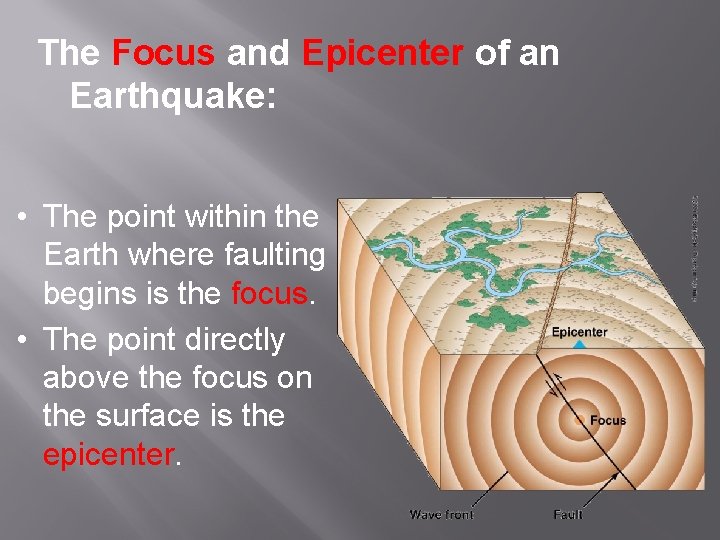 The Focus and Epicenter of an Earthquake: • The point within the Earth where