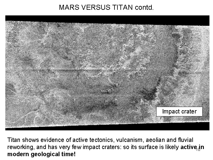 MARS VERSUS TITAN contd. Impact crater Titan shows evidence of active tectonics, vulcanism, aeolian