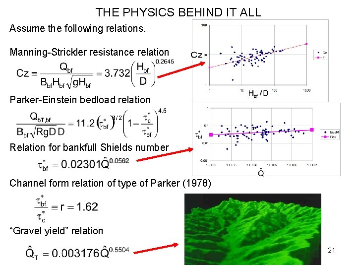 THE PHYSICS BEHIND IT ALL Assume the following relations. Manning-Strickler resistance relation Parker-Einstein bedload