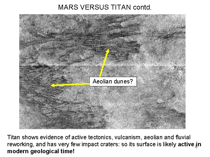 MARS VERSUS TITAN contd. Aeolian dunes? Titan shows evidence of active tectonics, vulcanism, aeolian