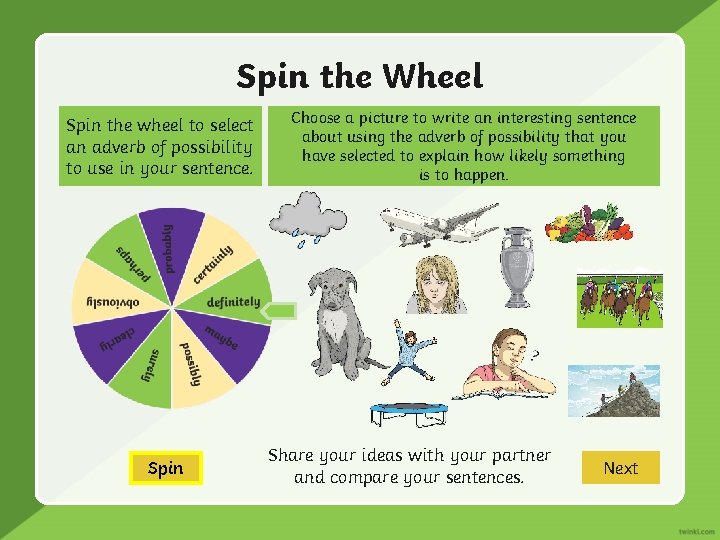 Spin the Wheel Spin the wheel to select an adverb of possibility to use