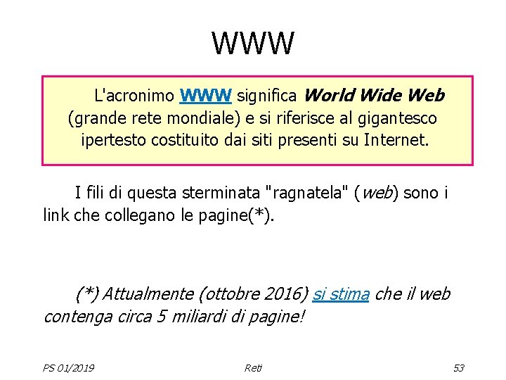 WWW L'acronimo WWW significa World Wide Web (grande rete mondiale) e si riferisce al