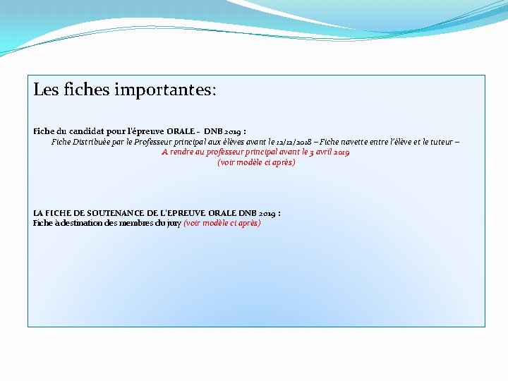 Les fiches importantes: Fiche du candidat pour l’épreuve ORALE - DNB 2019 : Fiche