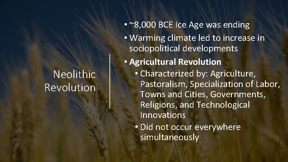 Neolithic Revolution • ~8, 000 BCE Ice Age was ending • Warming climate led