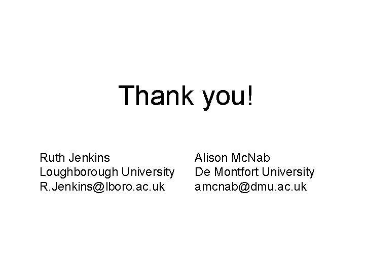 Thank you! Ruth Jenkins Loughborough University R. Jenkins@lboro. ac. uk Alison Mc. Nab De