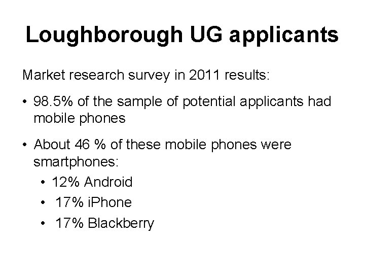 Loughborough UG applicants Market research survey in 2011 results: • 98. 5% of the