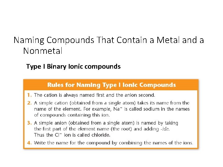 Naming Compounds That Contain a Metal and a Nonmetal Type I Binary Ionic compounds
