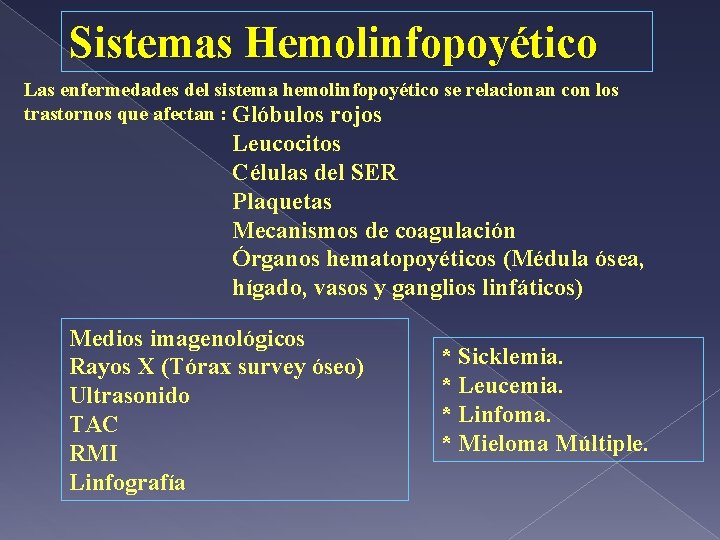 Sistemas Hemolinfopoyético Las enfermedades del sistema hemolinfopoyético se relacionan con los trastornos que afectan
