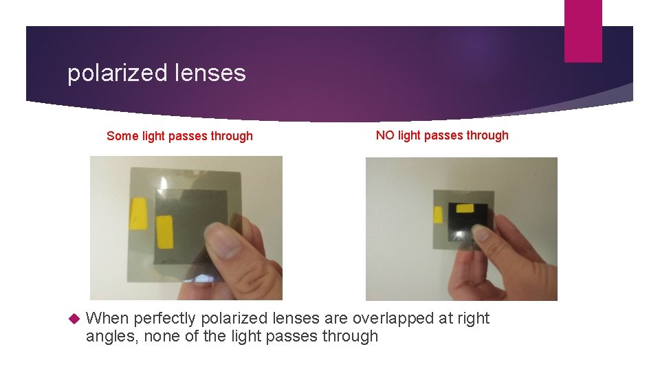 polarized lenses Some light passes through NO light passes through When perfectly polarized lenses