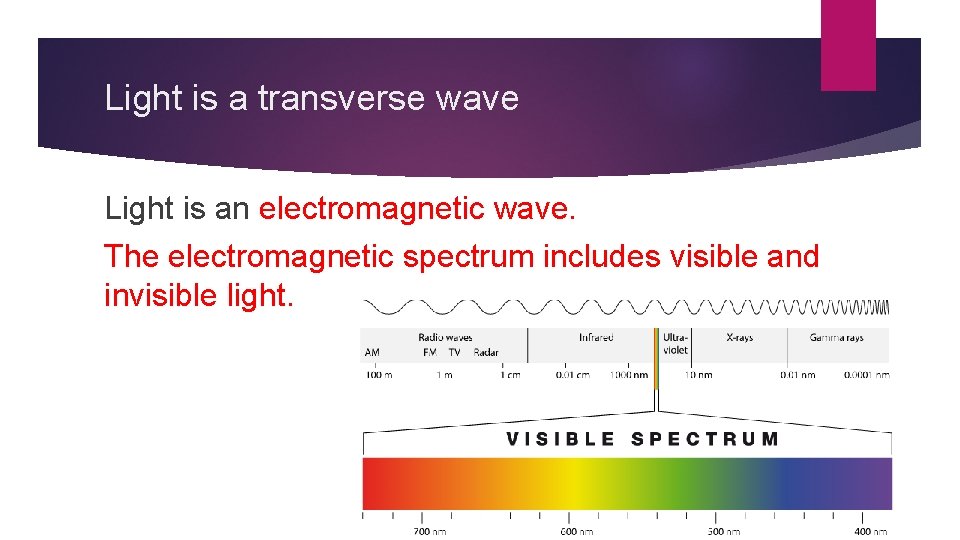 Light is a transverse wave Light is an electromagnetic wave. The electromagnetic spectrum includes
