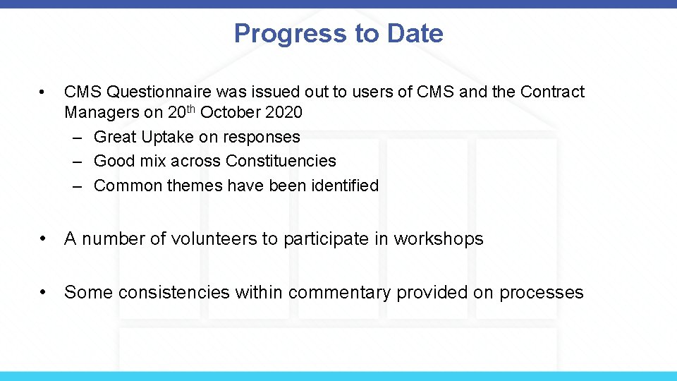 Progress to Date • CMS Questionnaire was issued out to users of CMS and