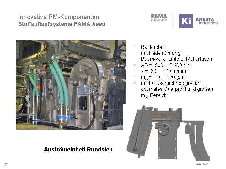 Innovative PM-Komponenten Stoffauflaufsysteme PAMA head • • • Banknoten mit Fadenführung Baumwolle, Linters, Melierfasern