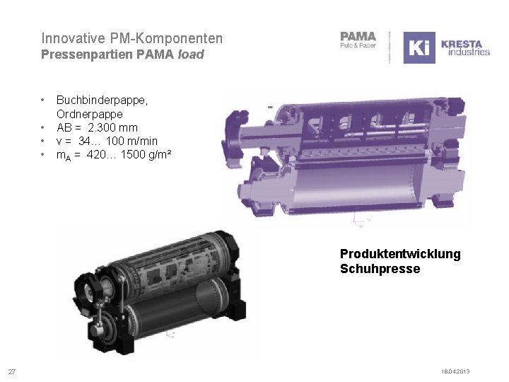 Innovative PM-Komponenten Pressenpartien PAMA load • • Buchbinderpappe, Ordnerpappe AB = 2. 300 mm