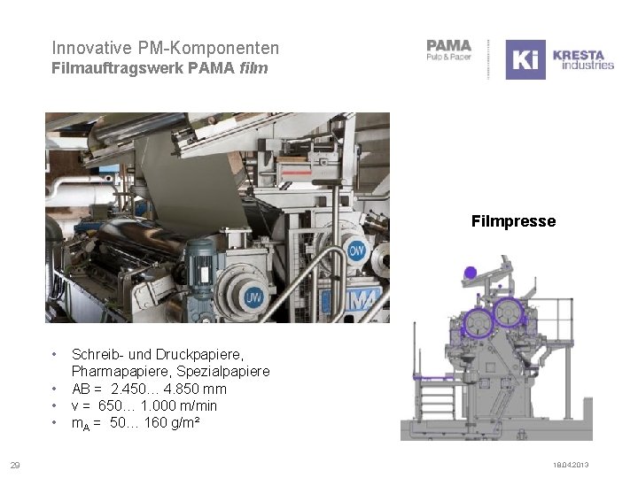 Innovative PM-Komponenten Filmauftragswerk PAMA film Filmpresse • • 29 Schreib- und Druckpapiere, Pharmapapiere, Spezialpapiere