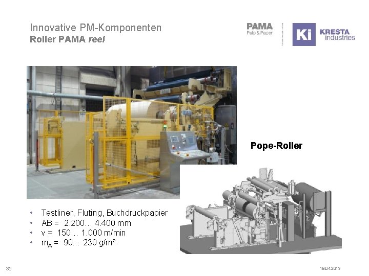 Innovative PM-Komponenten Roller PAMA reel Pope-Roller • • 35 Testliner, Fluting, Buchdruckpapier AB =