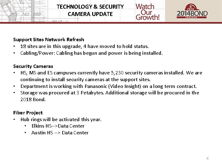 TECHNOLOGY & SECURITY CAMERA UPDATE Support Sites Network Refresh • 18 sites are in