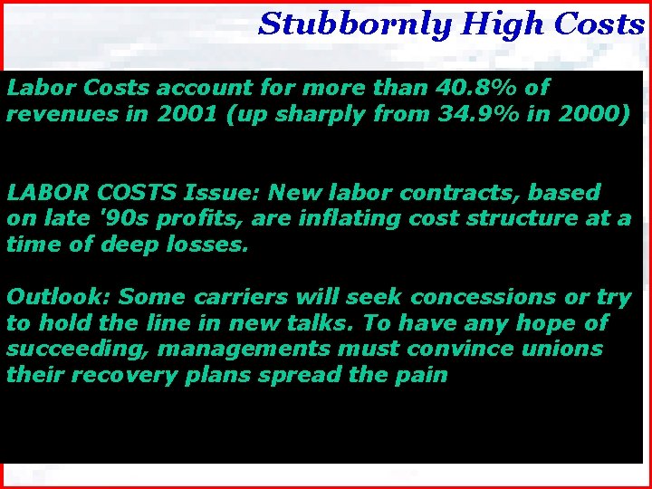 Stubbornly High Costs Labor Costs account for more than 40. 8% of revenues in