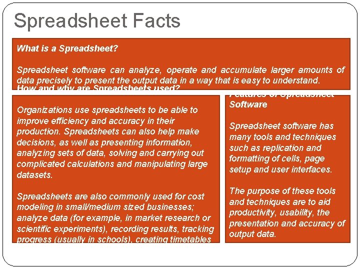 Spreadsheet Facts What is a Spreadsheet? Spreadsheet software can analyze, operate and accumulate larger