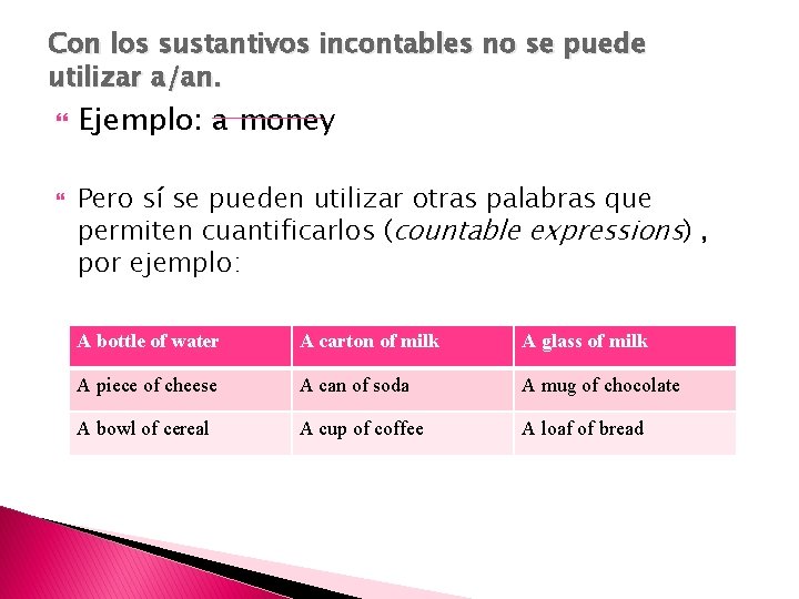 Con los sustantivos incontables no se puede utilizar a/an. Ejemplo: a money Pero sí