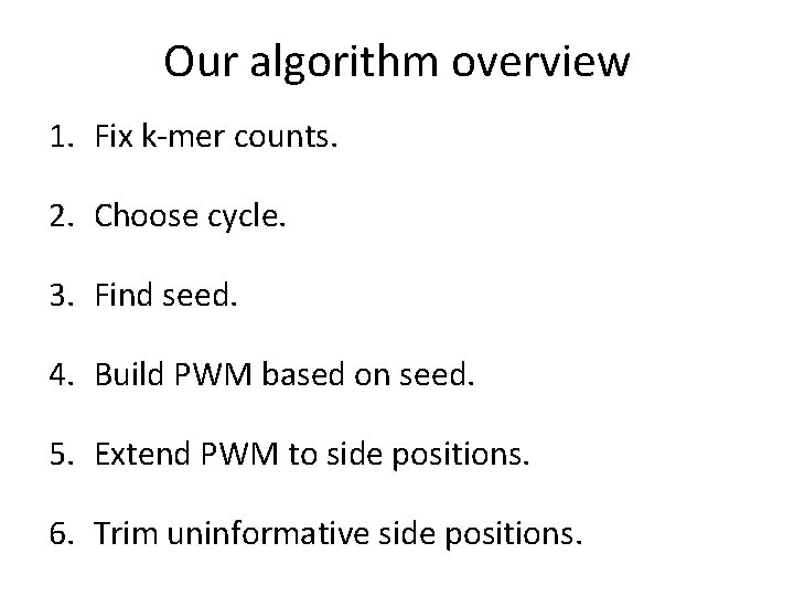 Our algorithm overview 1. Fix k-mer counts. 2. Choose cycle. 3. Find seed. 4.