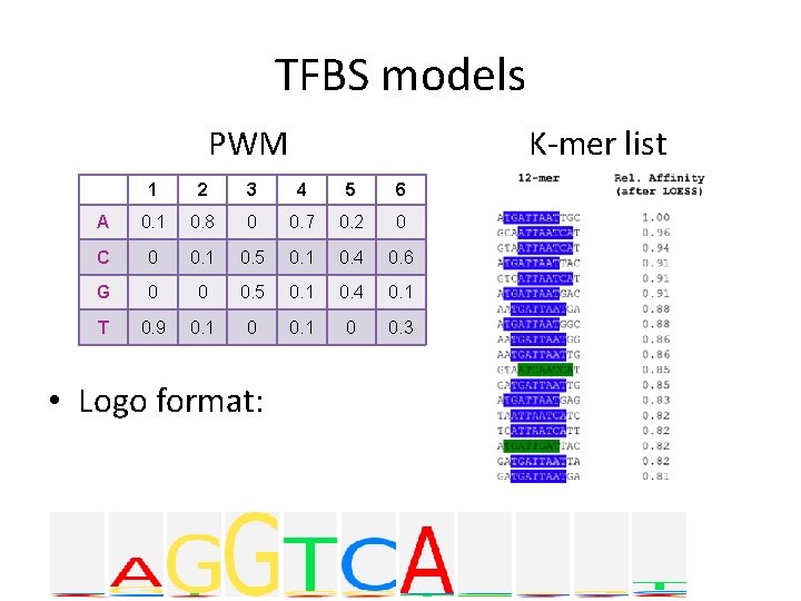 TFBS models PWM K-mer list 1 2 3 4 5 6 A 0. 1