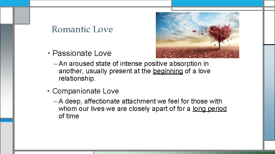 Romantic Love • Passionate Love – An aroused state of intense positive absorption in