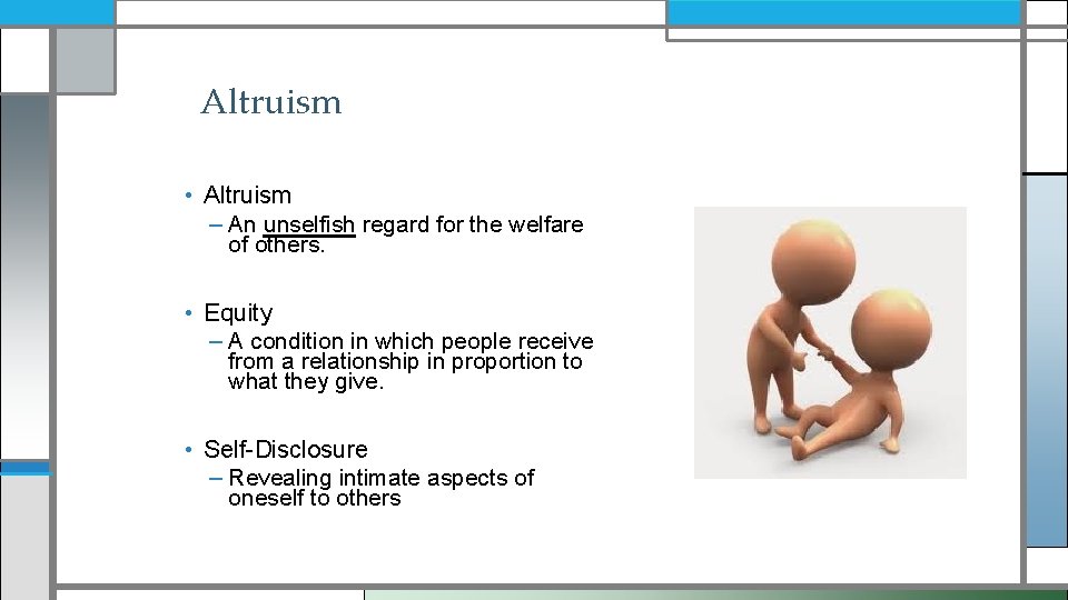 Altruism • Altruism – An unselfish regard for the welfare of others. • Equity