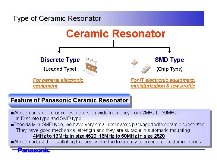 Type of Ceramic Resonator Discrete Type SMD Type (Leaded Type) (Chip Type) For general