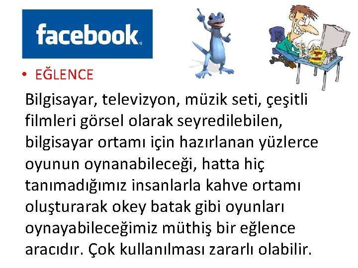  • EĞLENCE Bilgisayar, televizyon, müzik seti, çeşitli filmleri görsel olarak seyredilebilen, bilgisayar ortamı