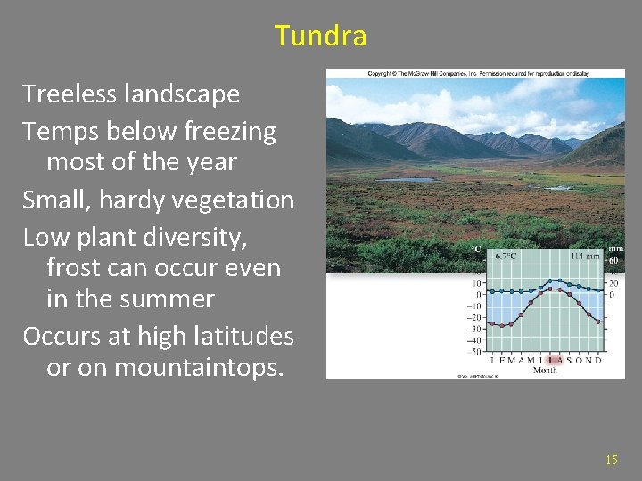 Tundra Treeless landscape Temps below freezing most of the year Small, hardy vegetation Low