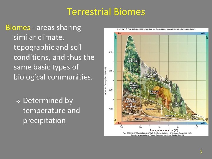 Terrestrial Biomes - areas sharing similar climate, topographic and soil conditions, and thus the