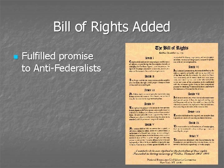 Bill of Rights Added n Fulfilled promise to Anti-Federalists 