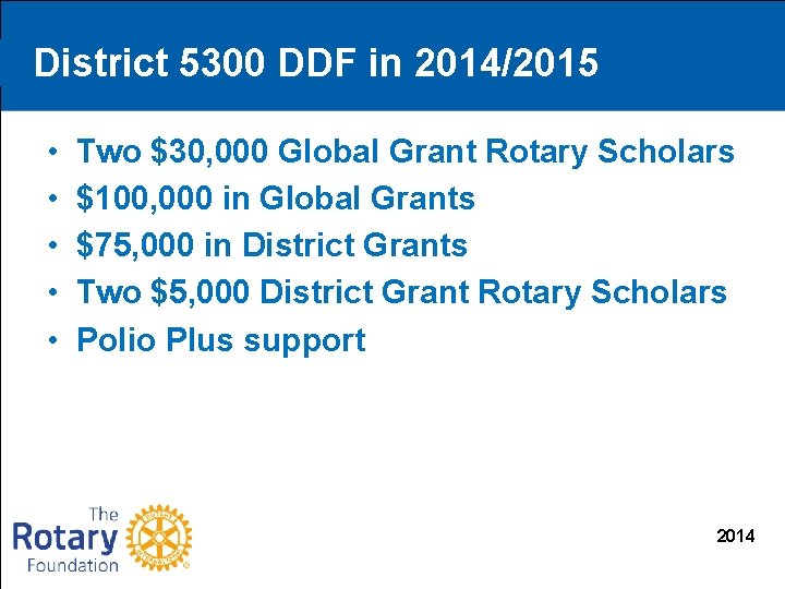 District 5300 DDF in 2014/2015 • • • Two $30, 000 Global Grant Rotary