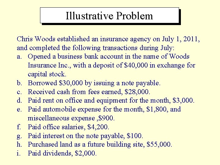 Illustrative Problem Chris Woods established an insurance agency on July 1, 2011, and completed