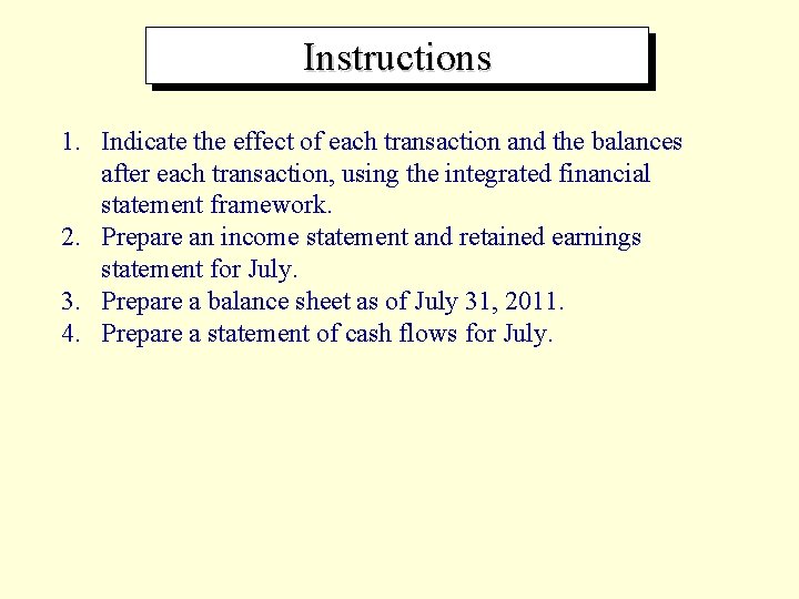 Instructions 1. Indicate the effect of each transaction and the balances after each transaction,