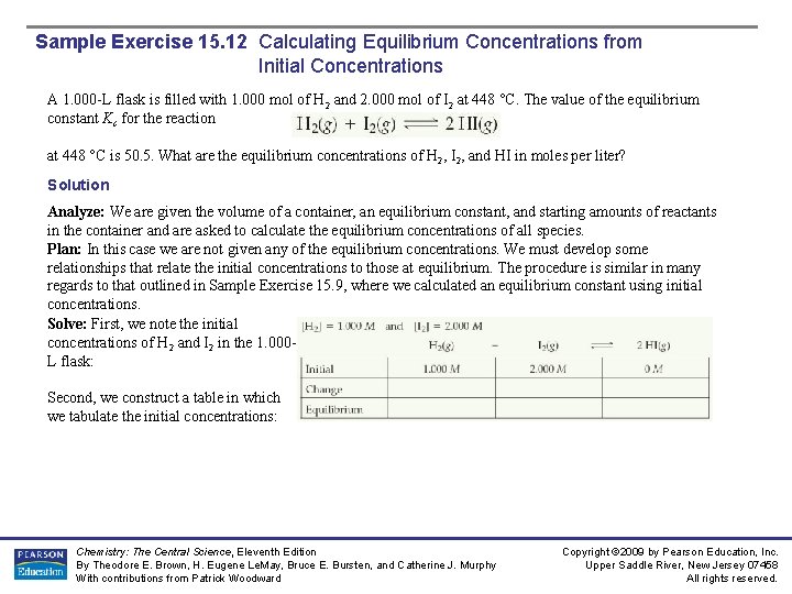Sample Exercise 15. 12 Calculating Equilibrium Concentrations from Initial Concentrations A 1. 000 -L