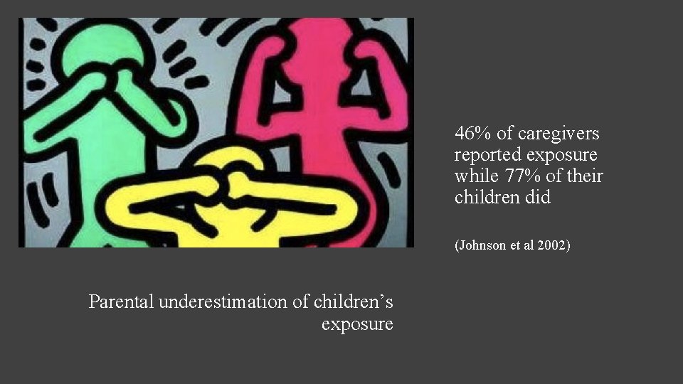46% of caregivers reported exposure while 77% of their children did (Johnson et al
